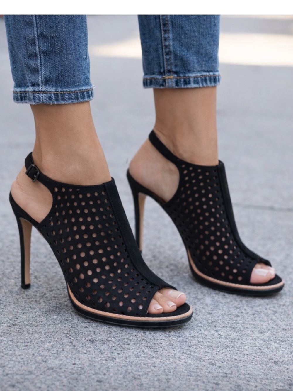 Via Spiga Tasa Classic Black Perforated Peep-Toe High Heels
